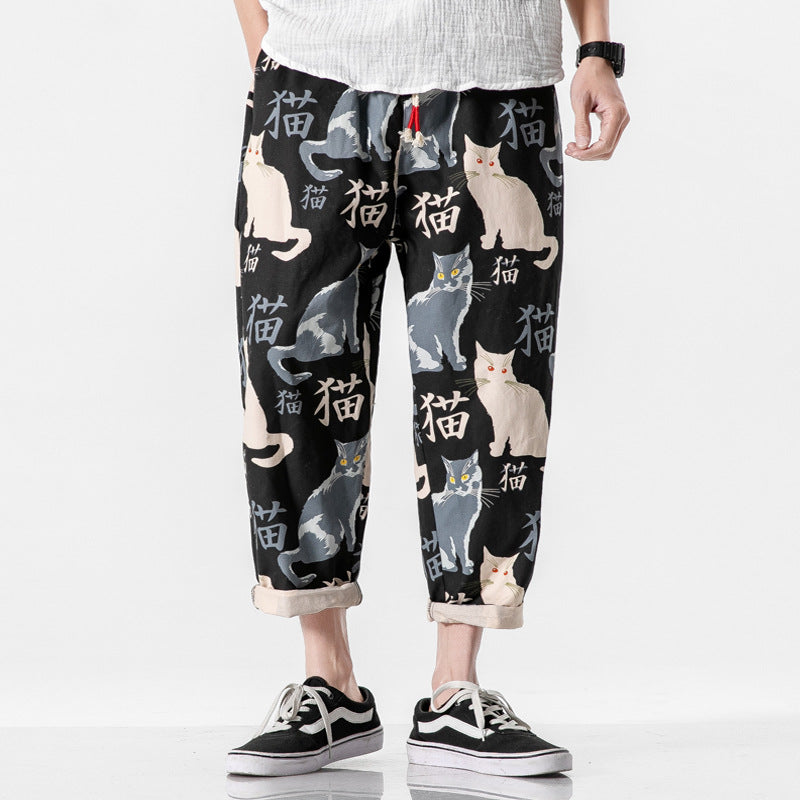 Cropped Pants Cat Print Neko