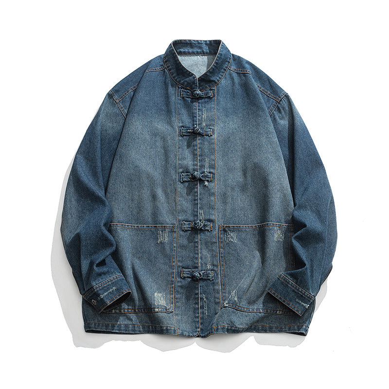 Blue  japanese denim jacket with button details on a white background