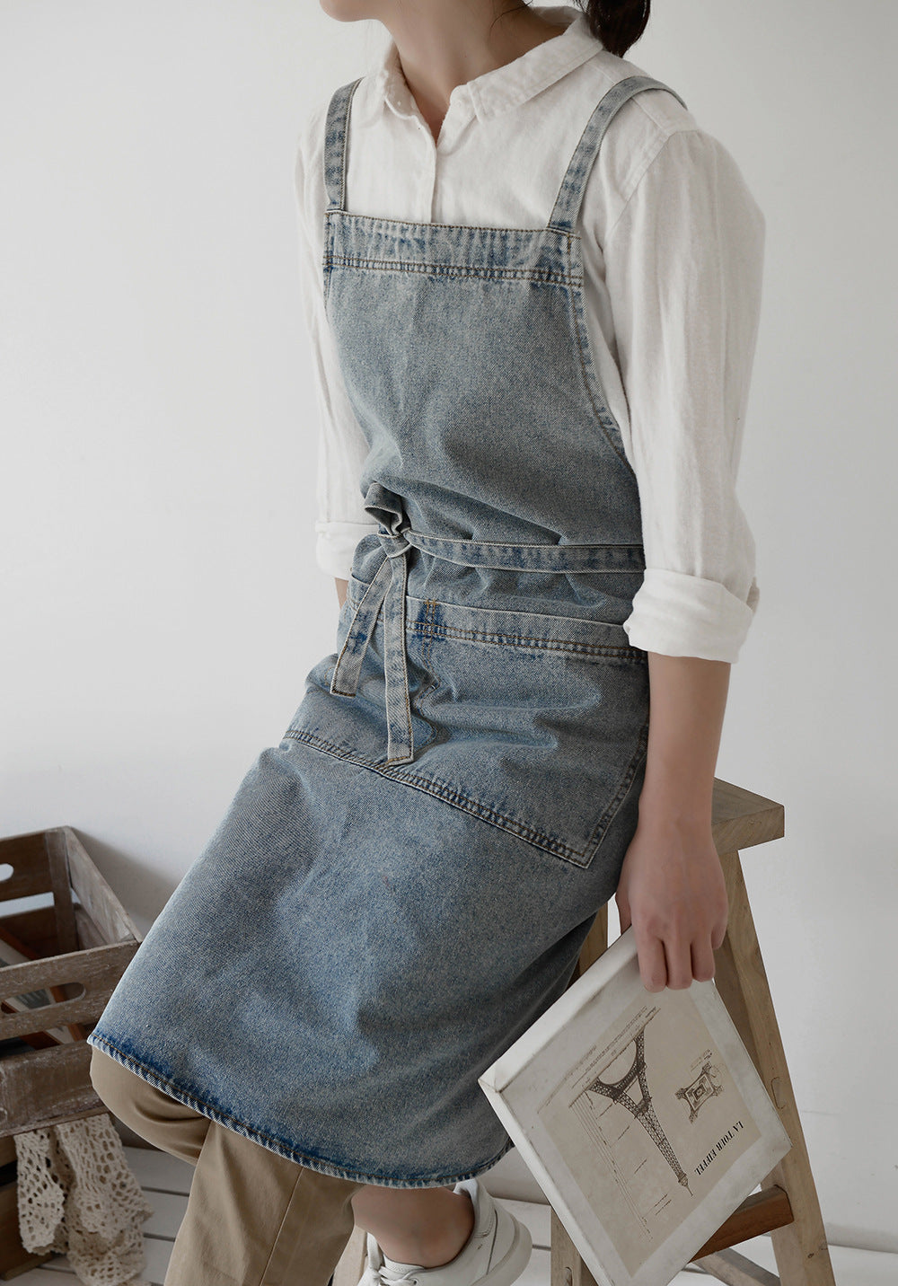 Cross-Back Denim Apron with Pockets