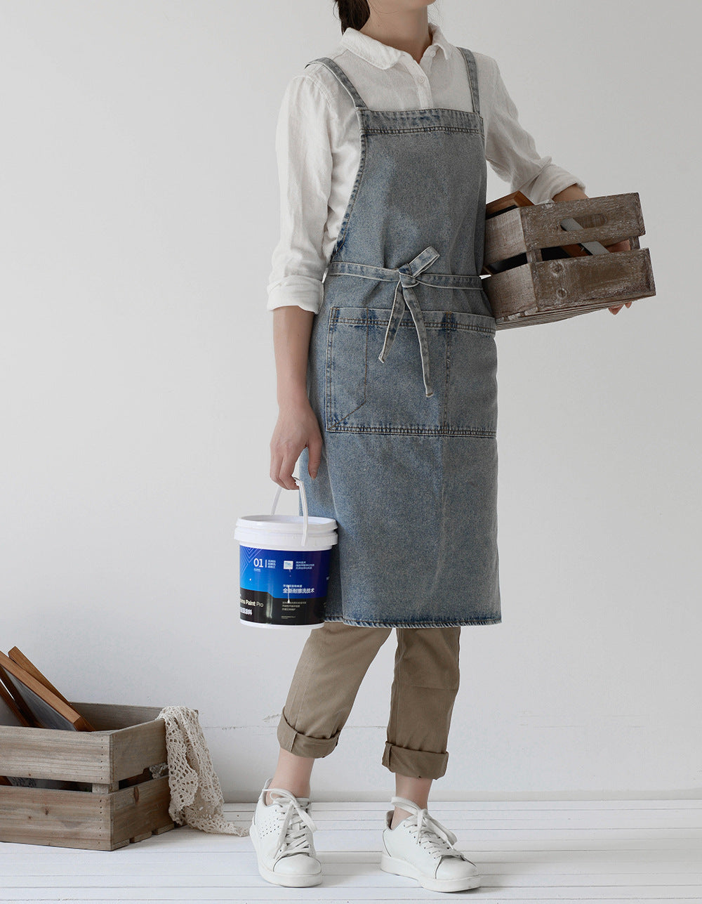 Cross-Back Denim Apron with Pockets