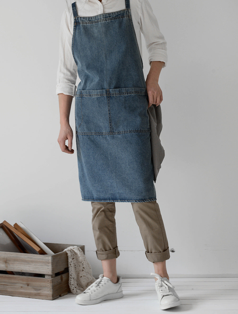 Cross-Back Denim Apron with Pockets
