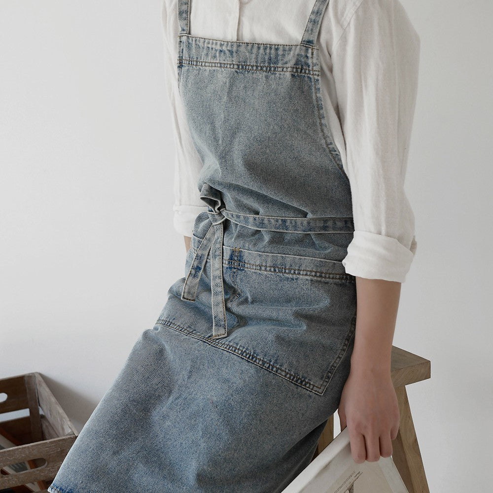 Cross-Back Denim Apron with Pockets