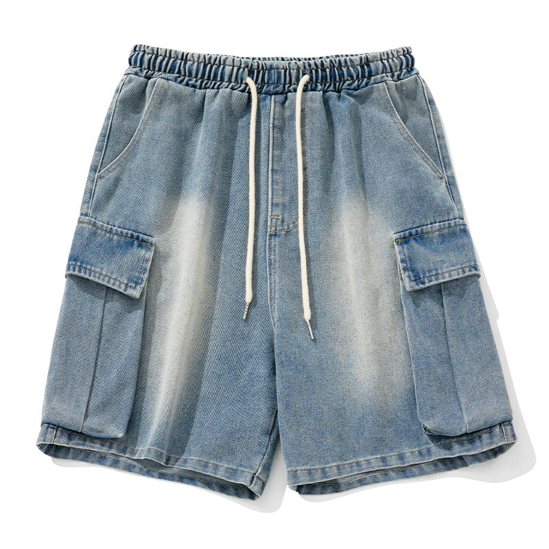 Blue denim shorts with drawstring on a white background