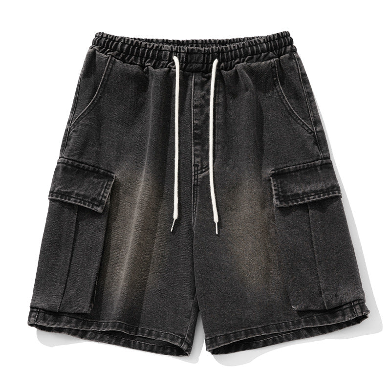 Black denim shorts with drawstring on a white background