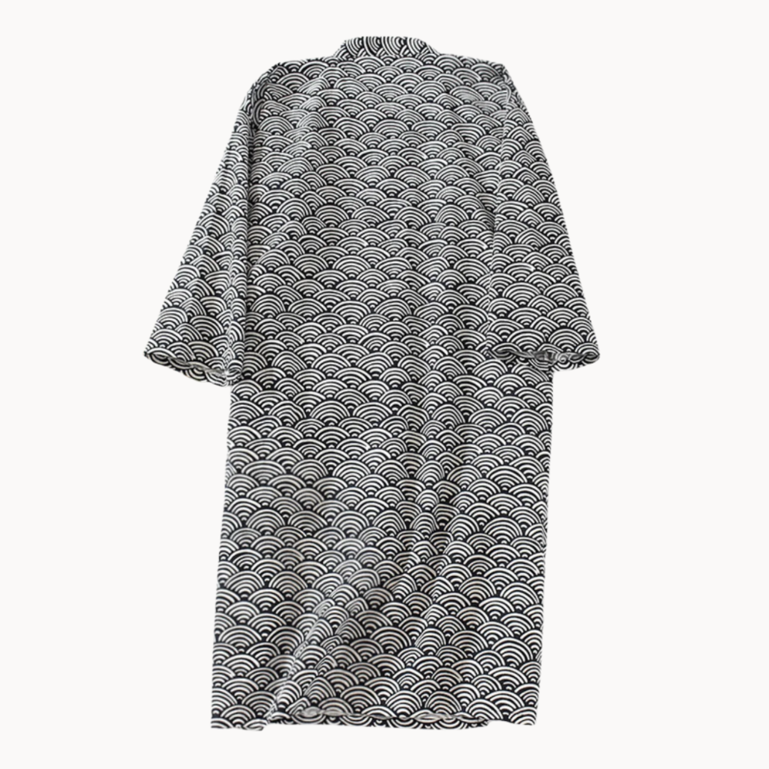 Gray kimono-style garment with wave pattern on a white background