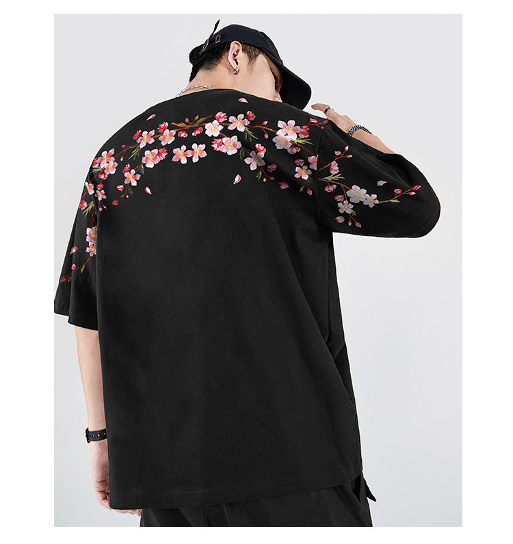 flower embroidered shirt black
