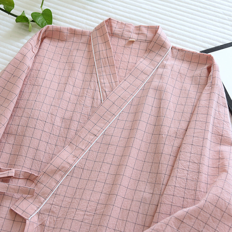Pink checkered shirt on a white background cotton japanese pajamas female